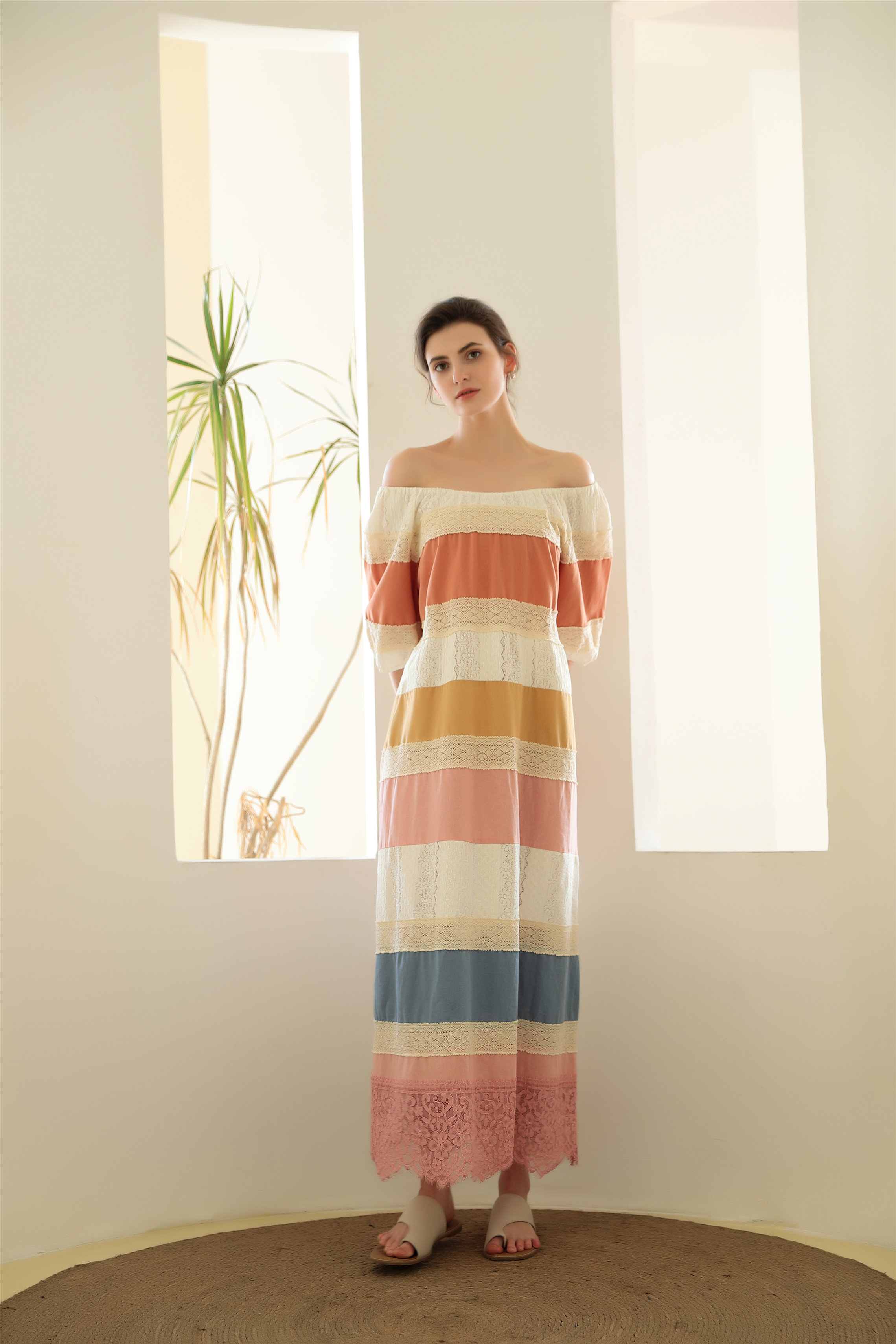 Women Off Shoulder casual dress split joint fabric design