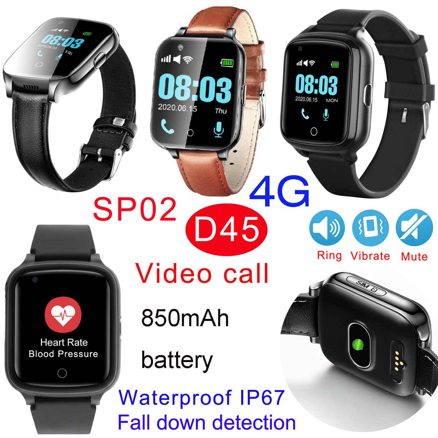 4G IP67 Waterproof Senior GPS Tracker Watch with Fall Down Alert