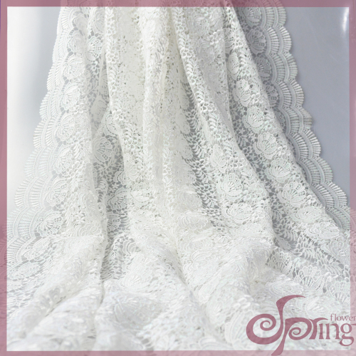 White Flower Embroidery Chemical Lace, Green Metallic Fabric