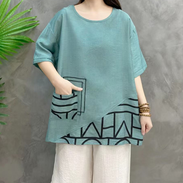 Short Sleeve Linen Blouse with some Black Lines Pattern and a Pocket