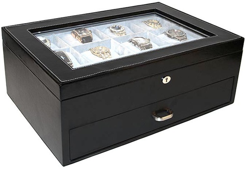 Black faux leather watch box.