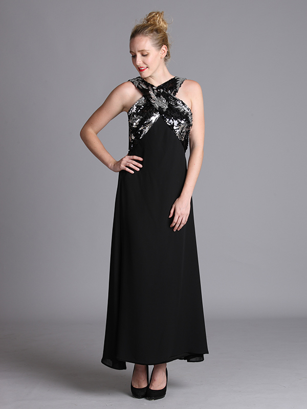 Black Sleeveless Halter Slim Fit Floor Length Elegant Lady's Dress Gown